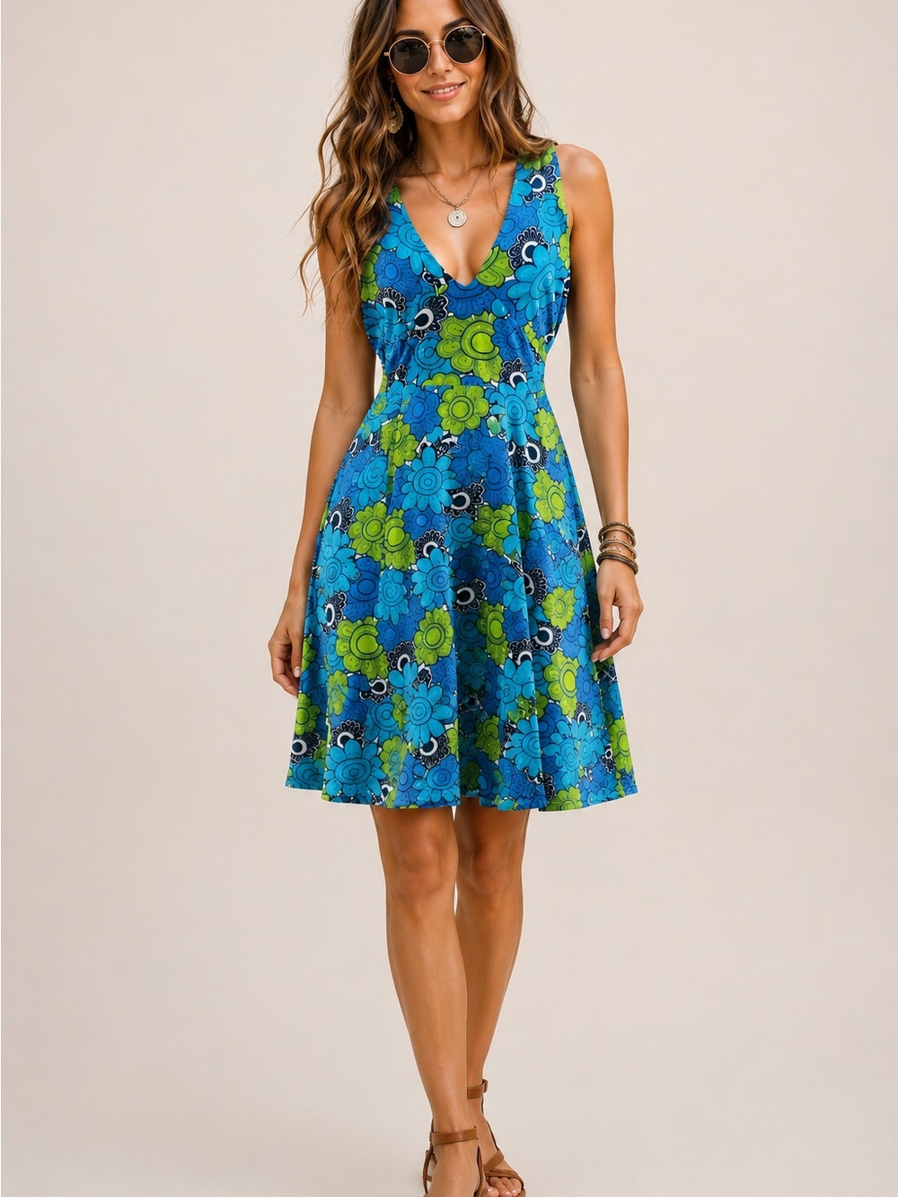 Soul Flower Organic Cotton Blue Green Floral V-Neck halter Dress USA made M knit